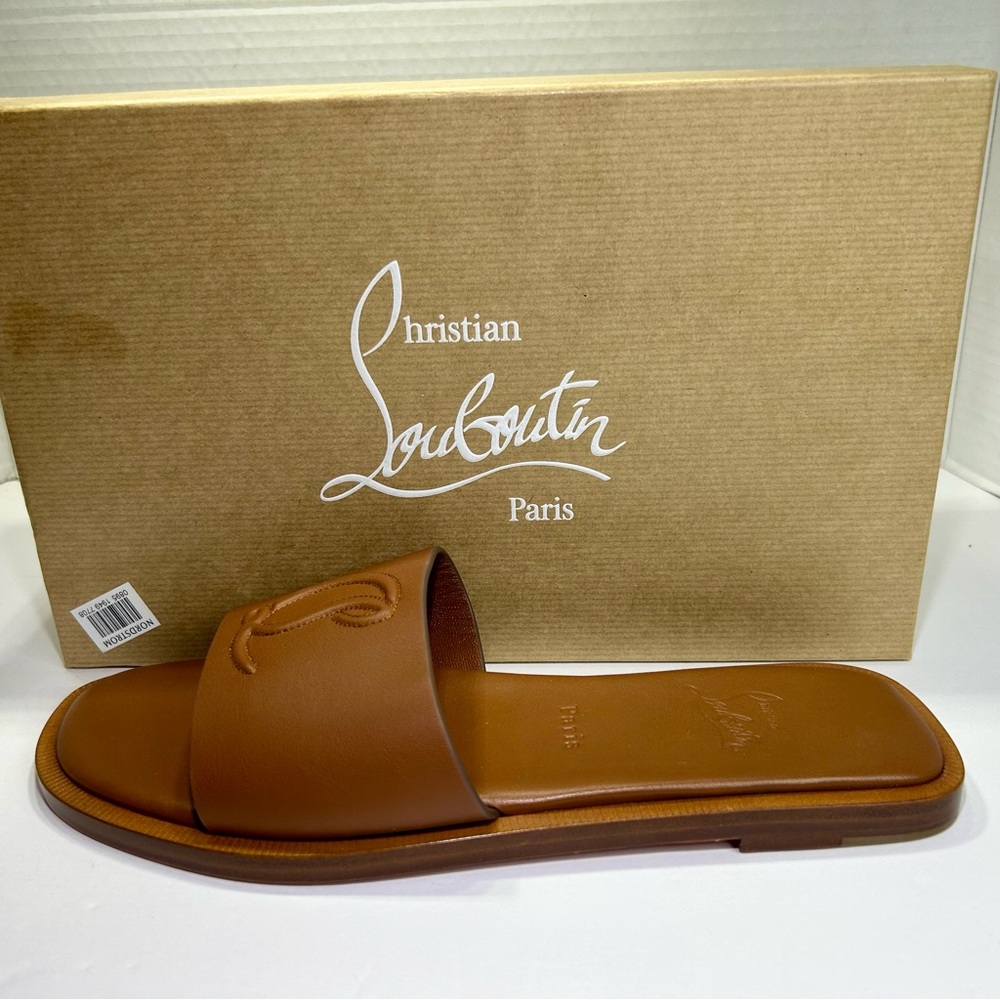 CHRISTIAN LOUBOUTIN CL MULE FLAT SANDAL EMBROIDERED LOGO BROWN LEATHER SZ 39 NEW - Picture 3 of 15